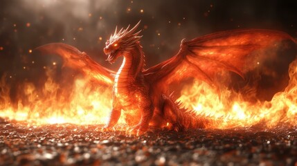 Fiery red dragon with glowing scales spreading wings amidst intense flames, fantasy creature in action, perfect for game design, storytelling, mythological themes, dramatic orange fire background moo