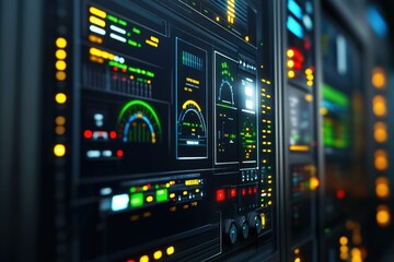 Futuristic data server room with glowing control panels and modern interfaces, technology ambiance concept
