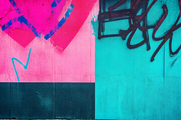 Colorful teal, pink, blue and black urban wall texture. Modern pattern for wallpaper design Creative modern urban city background for advertising mockups. Grunge messy street style new wave background