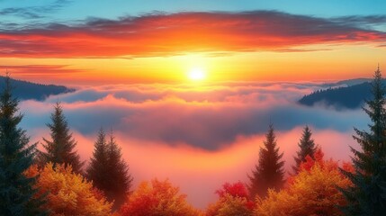 Vibrant autumn forest trees with colorful red and orange leaves overlooking glowing sunrise above misty clouds, scenic nature landscape for fall season, travel, and outdoor adventure background seren