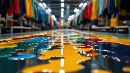 Abstract reflection of colorful recycled materials scattered in modern warehouse floor supporting sustainability environment protection concept