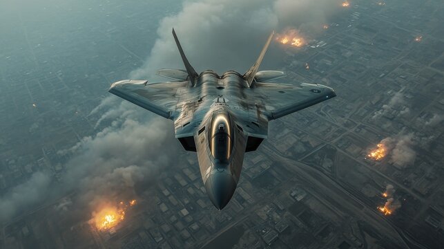Military fighter jet flying over a war-torn city with explosions during a conflict