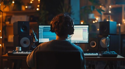 A young entrepreneur recording a podcast in a home studio with professional equipment.