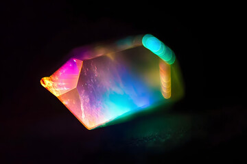 Blur colorful rainbow crystal light leaks on black background. Defocused abstract multicolored retro film lens flare bokeh analog photo overlay or screen filter effect. Glow Vintage prism colors