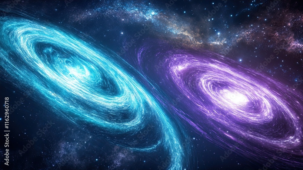 Poster exploring interstellar antimatter engines amidst swirling galaxies and cosmic phenomena