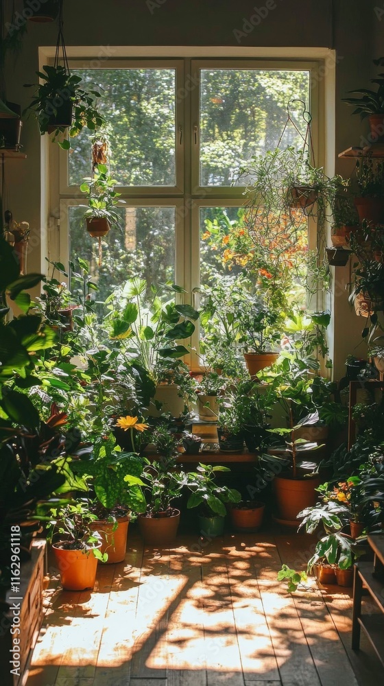 Wall mural Cozy indoor garden filled with various plants and sunlight in a bright room