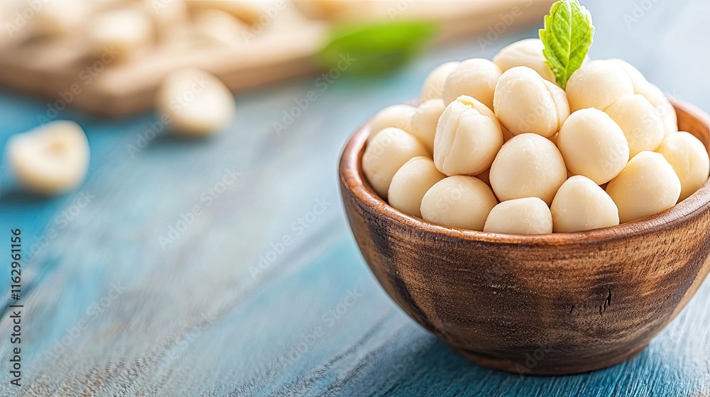 Poster discover the delicate beauty of macadamia nuts arranged in a wooden bowl on a rustic tabletop