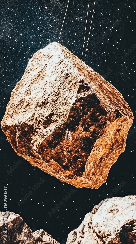 Poster Cosmic Journey of a Meteorite Captured in an Infinite Starry Expanse Above Hidden Celestial Rocks