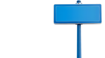 Blue blank sign on pole, suitable for customizable messages and advertisements isolated on white background