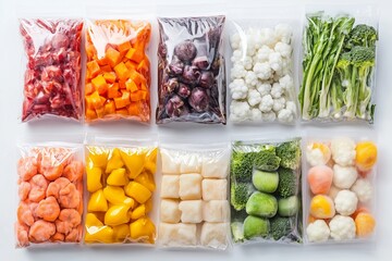 Set of different frozen vegetables in plastic bags on white background, top view