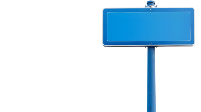 Blue blank sign on pole, suitable for customizable messages and advertisements isolated on white background