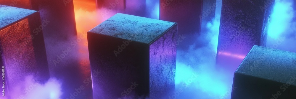 Poster vibrant neon countdown displayed amidst a foggy environment with grey geometric shapes