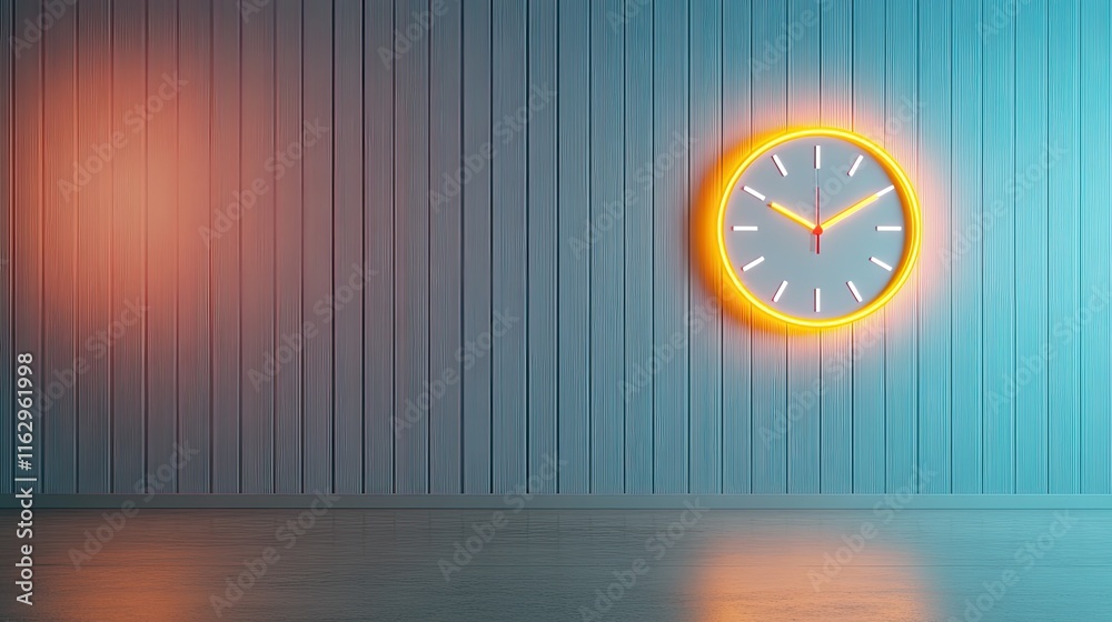 Poster bright neon countdown clock illuminating a grey wall in a modern minimalist space