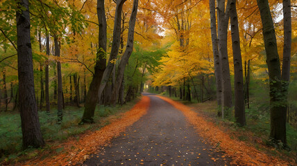 Obraz premium A quiet forest path lined with vibrant autumn trees and scattered leaves on the ground.