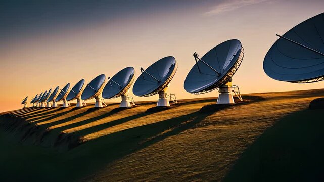 Row of Satellite Dishes on a Grassy Hill Under a Sunset Sky Showcasing Advanced Technology and Communication


