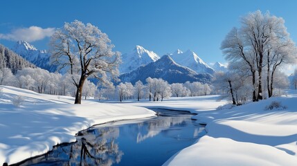 Obraz premium Paysage de nature recouvert de neige avec des arbres, une rivière, des montagnes et des forêts. Snow-covered nature landscape with trees, a river, mountains and forests.