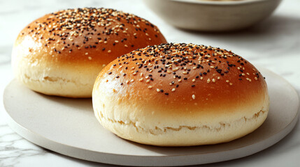 Two seeded bread rolls are placed on a round plate on a marble surface. Concept: Fresh bakery, appetizing bread, breakfast.