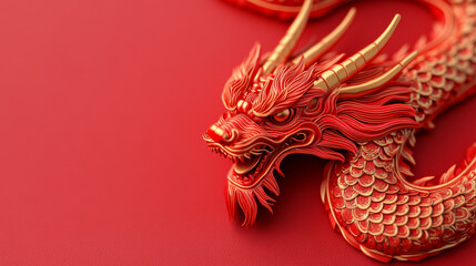 Naklejka premium Intricate red dragon sculpture on vibrant red background, symbolizing prosperity