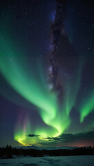 Aurora borealis illuminating night sky over snow-covered landscape