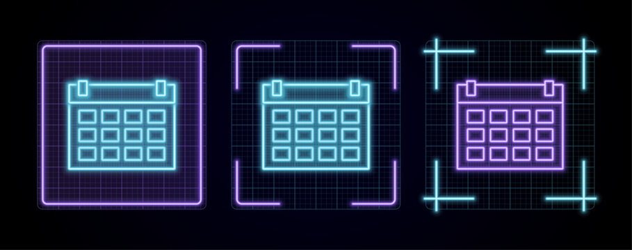 Calendar icon illustration, cyber neon visual, glowing border grid vector.