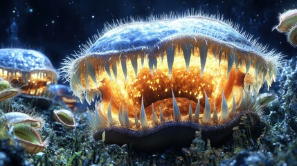 Deep sea mining debloater Microbiome Speculative evolution Emetophobia Tooth gem Dezgo Dentally Motion array ooze Glowing bioluminescent deep-sea creatures with sharp teeth attacking underwater coral