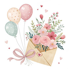 Happy Mother's Day greeting card with letter tulips and box of chocolates, isolated on white background. Since March 8. Vector illustration
