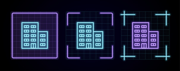 Building icon illustration, cyber neon visual, glowing border grid vector.
