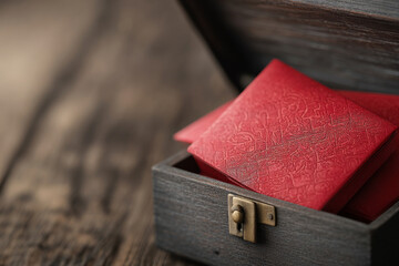 Elegant red packets styled as ancient currency in wooden box