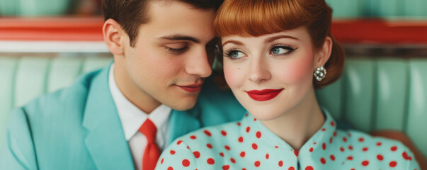 retro styled couple in matching polka dot clothing, sharing tender moment