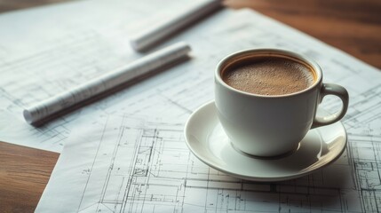 A white coffee cup placed on a small saucer sits beside detailed architectural blueprints on a wooden table. Pens and rolls of paper are scattered, indicating a productive design session