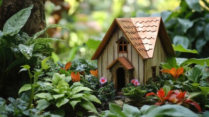 A miniature wooden house surrounded by vibrant plants in a lush garden setting.