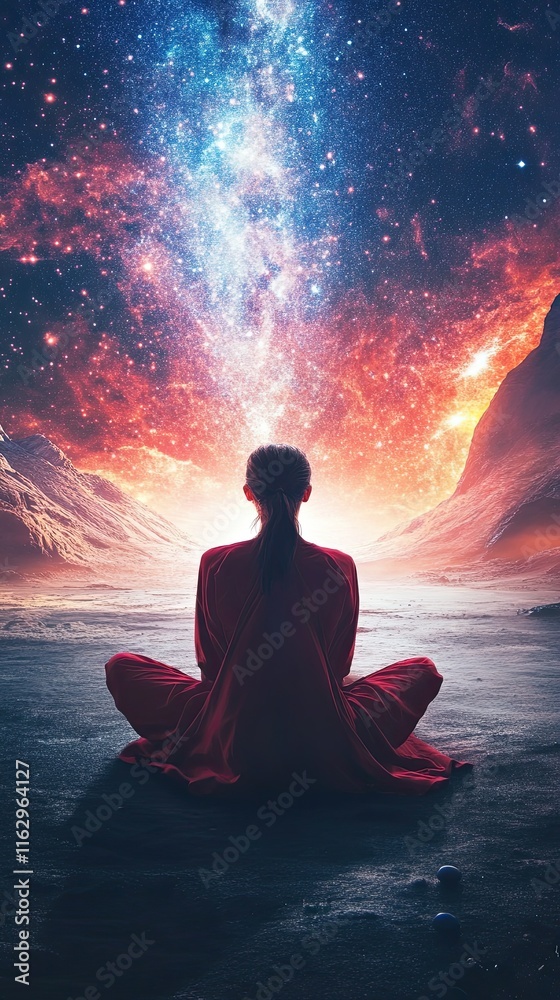 Poster discovering the secrets of the heart of the cosmos through meditation at twilight