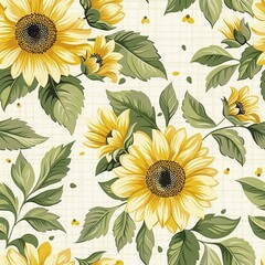 Vintage inspired seamless pattern featuring sunflowers and detailed close up leaves design