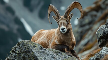 An ibex with impressive curved horns lounges on a rocky outcrop in the mountains. The surrounding landscape features rugged terrain and distant snow-capped peaks under a clear sky