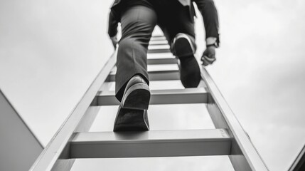 A businessman ascends a ladder with diligence, representing the importance of workplace safety.