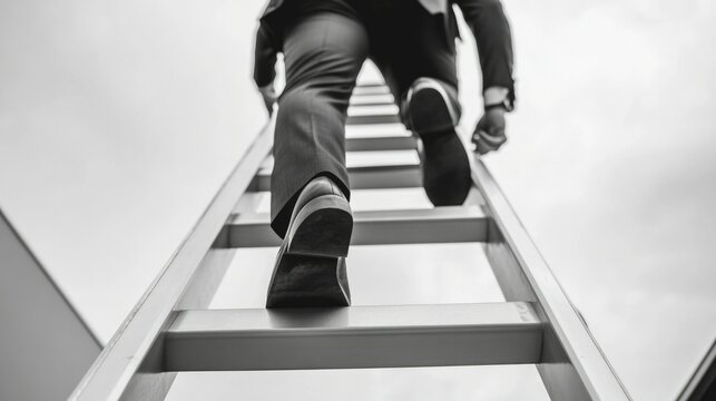 A businessman ascends a ladder with diligence, representing the importance of workplace safety.