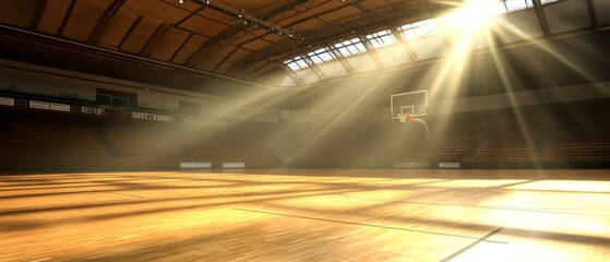 A basketball court with a basketball in the air