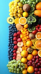 Assorted colorful fresh fruits including grapes, oranges, kiwi, mango, blueberries, and apples arranged in rows on blue background perfect for healthy lifestyle, nutrition, diet, summer themes bright