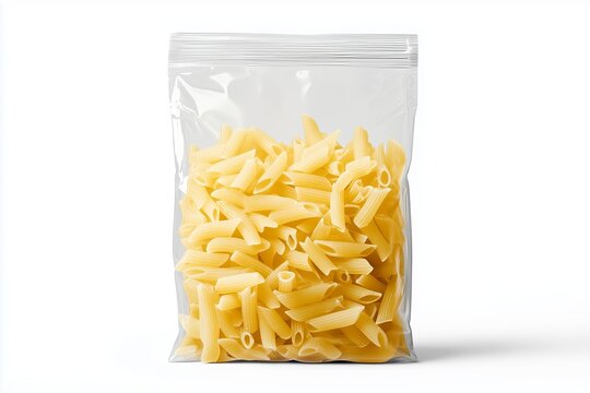 Transparent plastic pasta bag isolated on white background. Packaging template mockup collection. With clipping Path included. Stand-up Front view. Penne Rigate shape