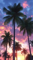 Tropical tall palm trees silhouette against vibrant sunset sky with colorful clouds, perfect for summer vacation, beach holiday, nature background, tropical paradise vibe, evening relaxation scene