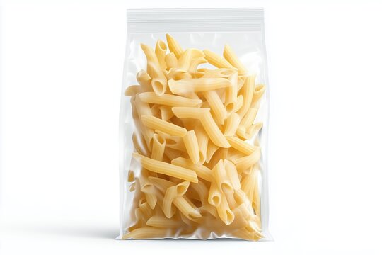 Transparent plastic pasta bag isolated on white background. Packaging template mockup collection. With clipping Path included. Stand-up Front view. Penne Rigate shape