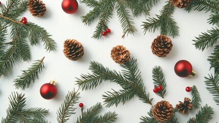 Holiday Decoration with Pine Cones and Red Ornaments