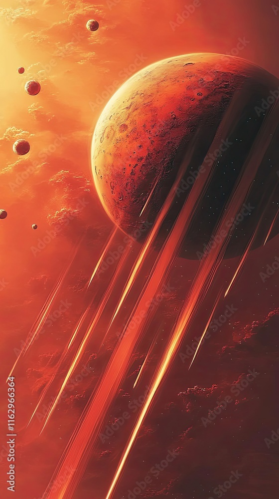 Poster exploring the enigmatic landscapes of ancient mars under a vivid sky of celestial wonders