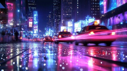 City taxis pink neon lights speeding rainy night urban street reflection futuristic technology vibrant nightlife background best for transportation business technology concept digital modern scene