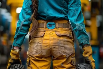 Girl in automotive overalls promoting tire fitting and car repair services with a tire