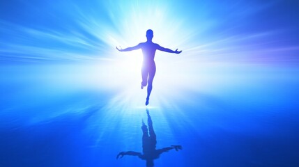 A figure emerging from radiant blue light.