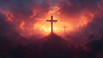 Fototapeta premium Holy Cross on Golgotha Hill with Divine Light and Clouds - Generative AI