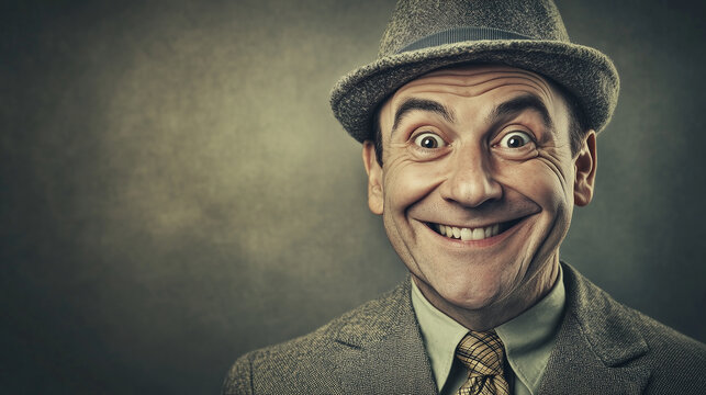 middle-aged Caucasian man with a cunning face wearing a jacket hat and tie