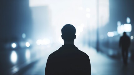 A figure stands alone in a foggy urban scene.