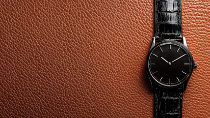 A blank wristwatch mockup displayed on a soft leather surface, featuring a clean face ideal for adding custom logos or text designs, perfect for showcasing personalized branding.